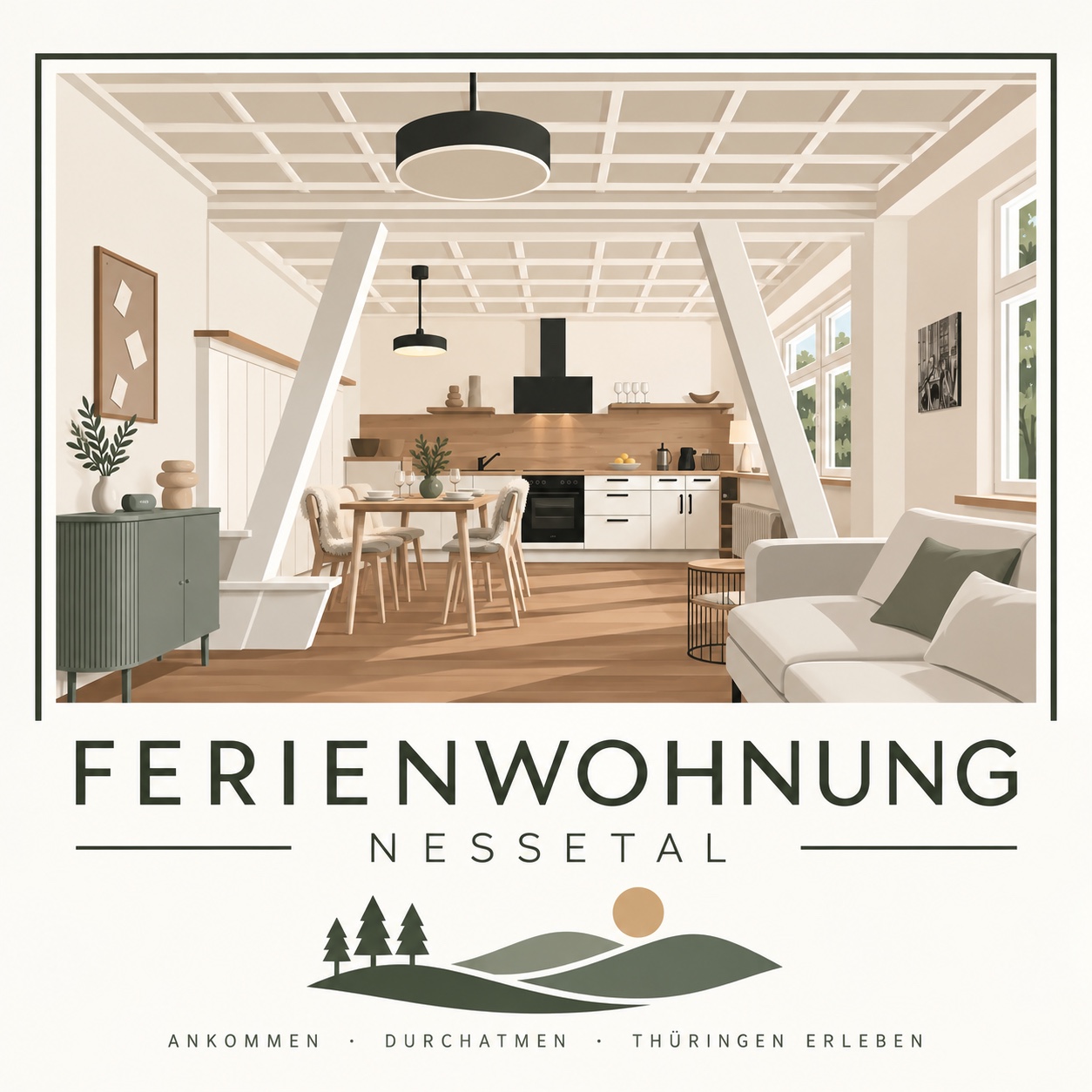 Logo der Ferienwohnung Nessetal mit Innenansicht, Wald und Hügellandschaft